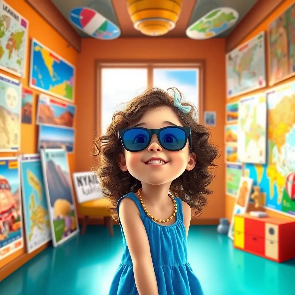 A young girl, Mia, with curly brown hair, wearing a bright blue dress and sunglasses, looking excitedly at a shimmering photo of Salar de Uyuni, a bright and colorful room filled with travel posters and maps, digital art, cheerful atmosphere, warm colors, high quality