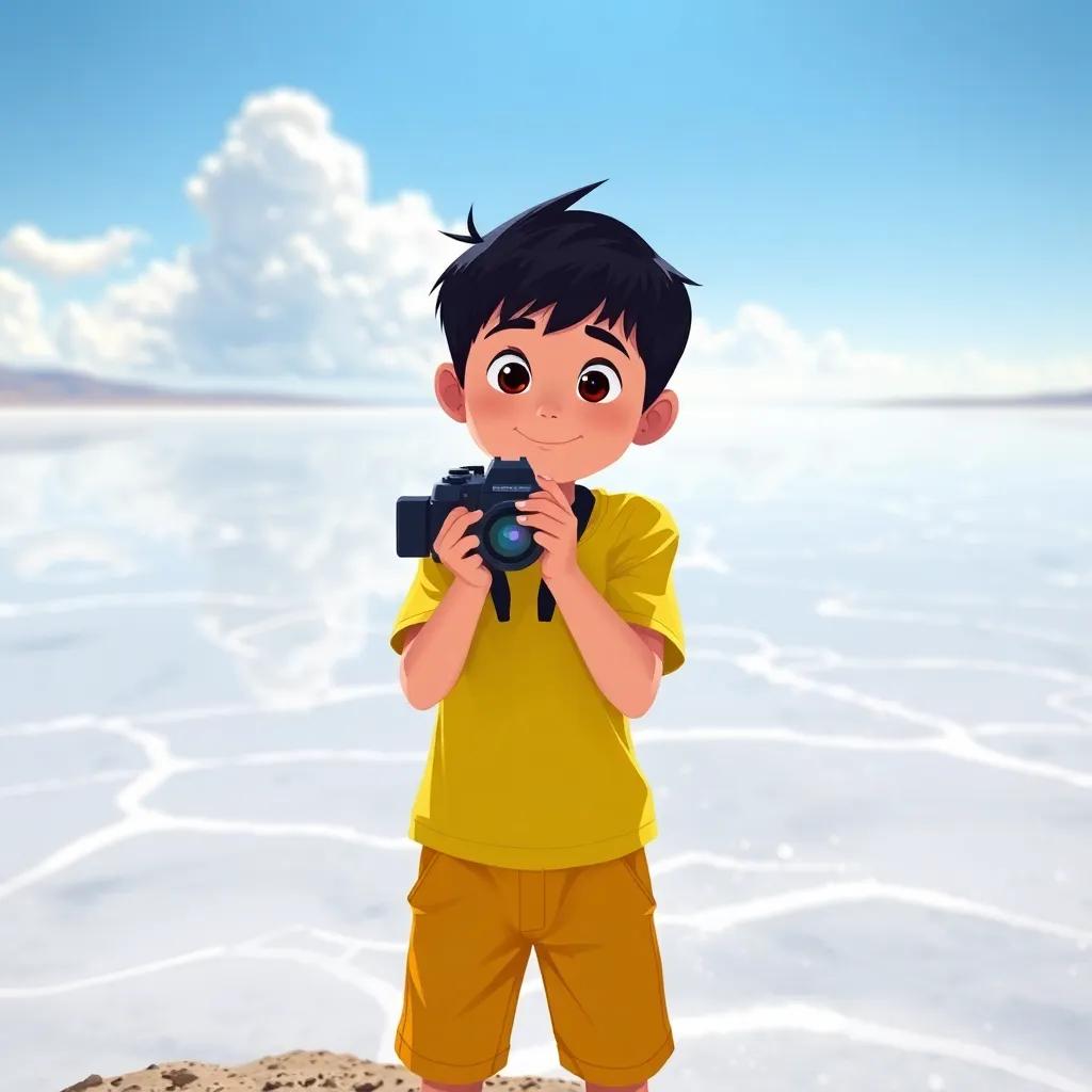 A young boy, Leo, with short black hair, wearing a yellow t-shirt and shorts, at the edge of the vast salt flat of Salar de Uyuni, with his camera ready, awestruck, under a clear blue sky, with the sparkling reflection of clouds and sky on the ground, illustration, fun and adventurous, child-friendly
