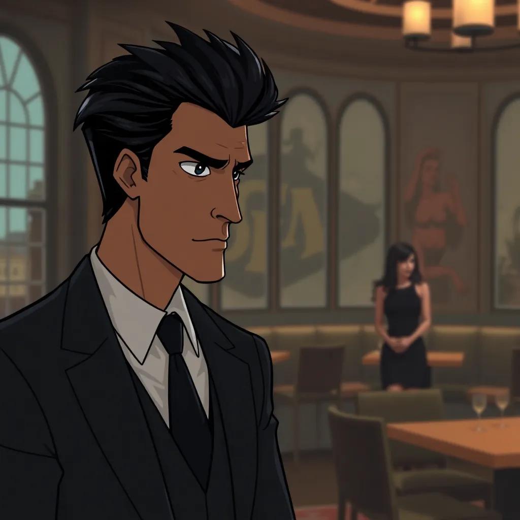 Marco, a tall mafia boss with dark hair, sharp suit, and intense eyes, standing in a sophisticated café, watching Bella from a distance, muted colors, mysterious ambiance, serious expression, illustration, engaging perspective, stylish