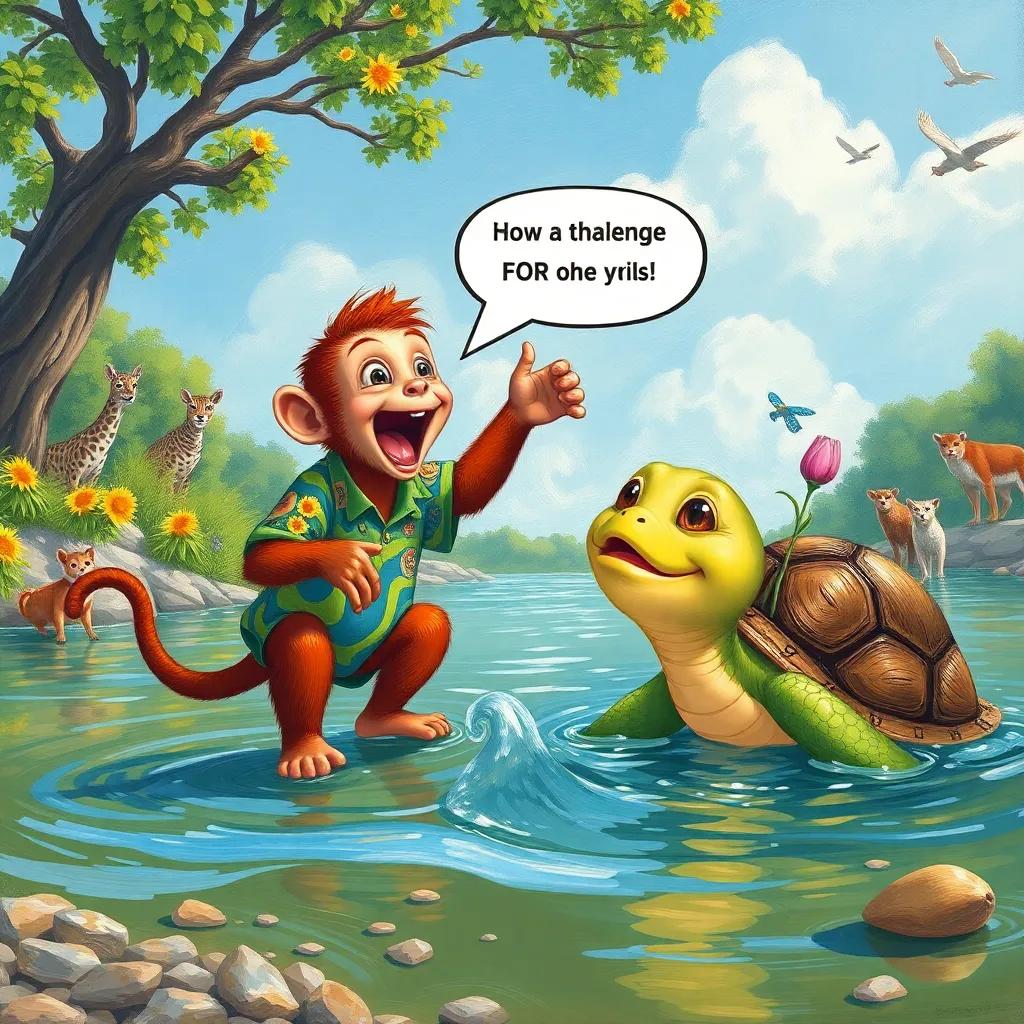 Mishu, the monkey, wearing a colorful shirt, excitedly shouting a challenge to Tulip the turtle, who is giggling and swimming in the river, surrounded by curious animals watching, sunny day, lively scene, illustration, engaging and dynamic, inviting perspective