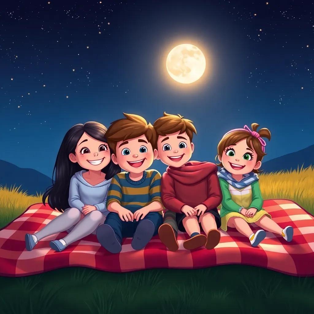 Four friends, Mia, Sam, Leo, and Emma, with bright smiles sitting on a big, checkered blanket, under a starry night sky with a shining moon, digital art, cheerful, warm colors, inviting atmosphere, high quality