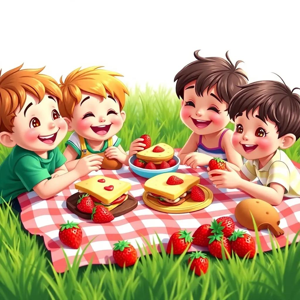 Kids enjoying a picnic with sandwiches, cookies, and juicy strawberries on a blanket, laughter and joy on their faces, surrounded by grass, digital art, vibrant looks, child-friendly, bright colors, high quality