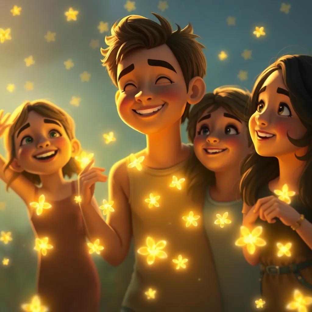 A group of glowing fireflies dancing around four friends, warm smiles as they watch, soft light illuminating the scene, fantasy style, magical atmosphere, sparkling elements, high quality