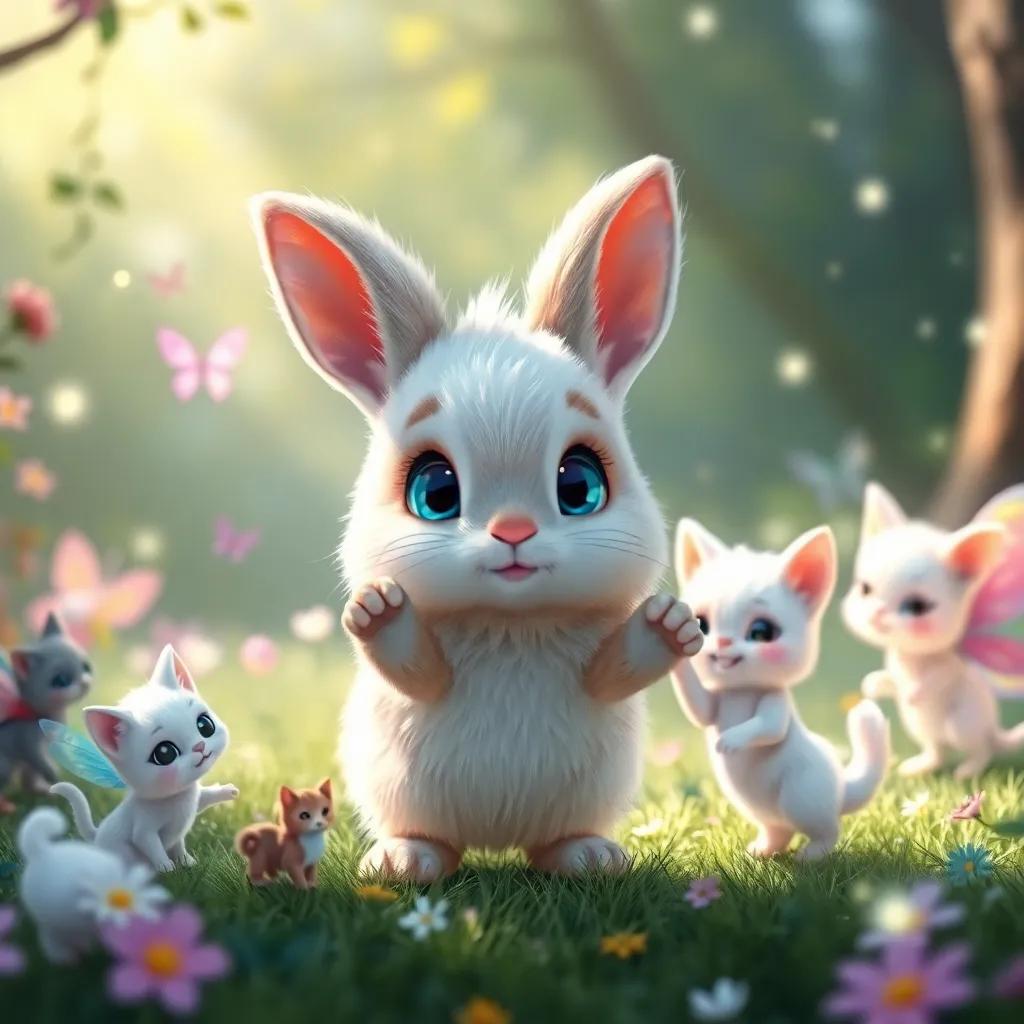 A small, fluffy blue-eyed bunny inviting friends to dance in a magical clearing, whimsical fairies and playful kittens around, sparkling light, enchanting scene, colorful and joyful, high quality