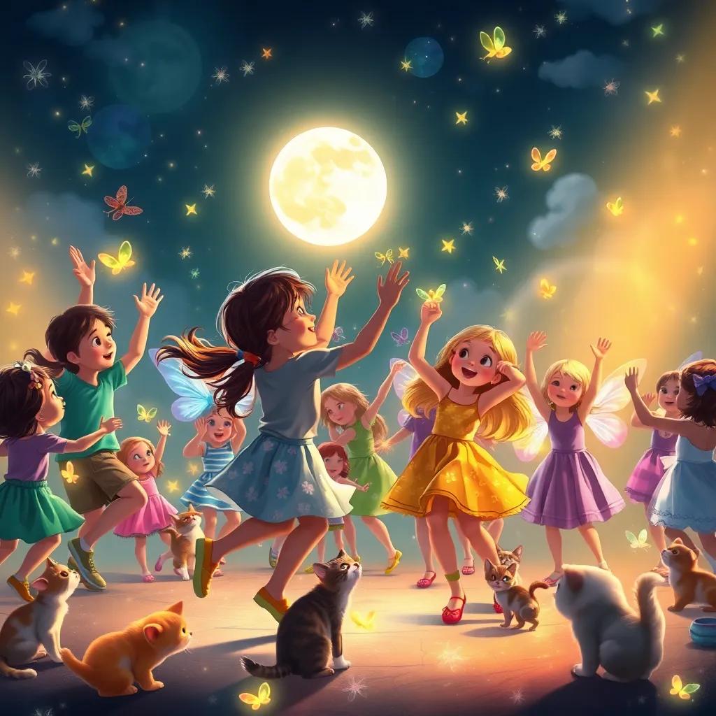 Magical dance with kids, fireflies, fairies, and kittens, all happily dancing together in a circle under the glowing moonlight, vibrant party atmosphere, high quality