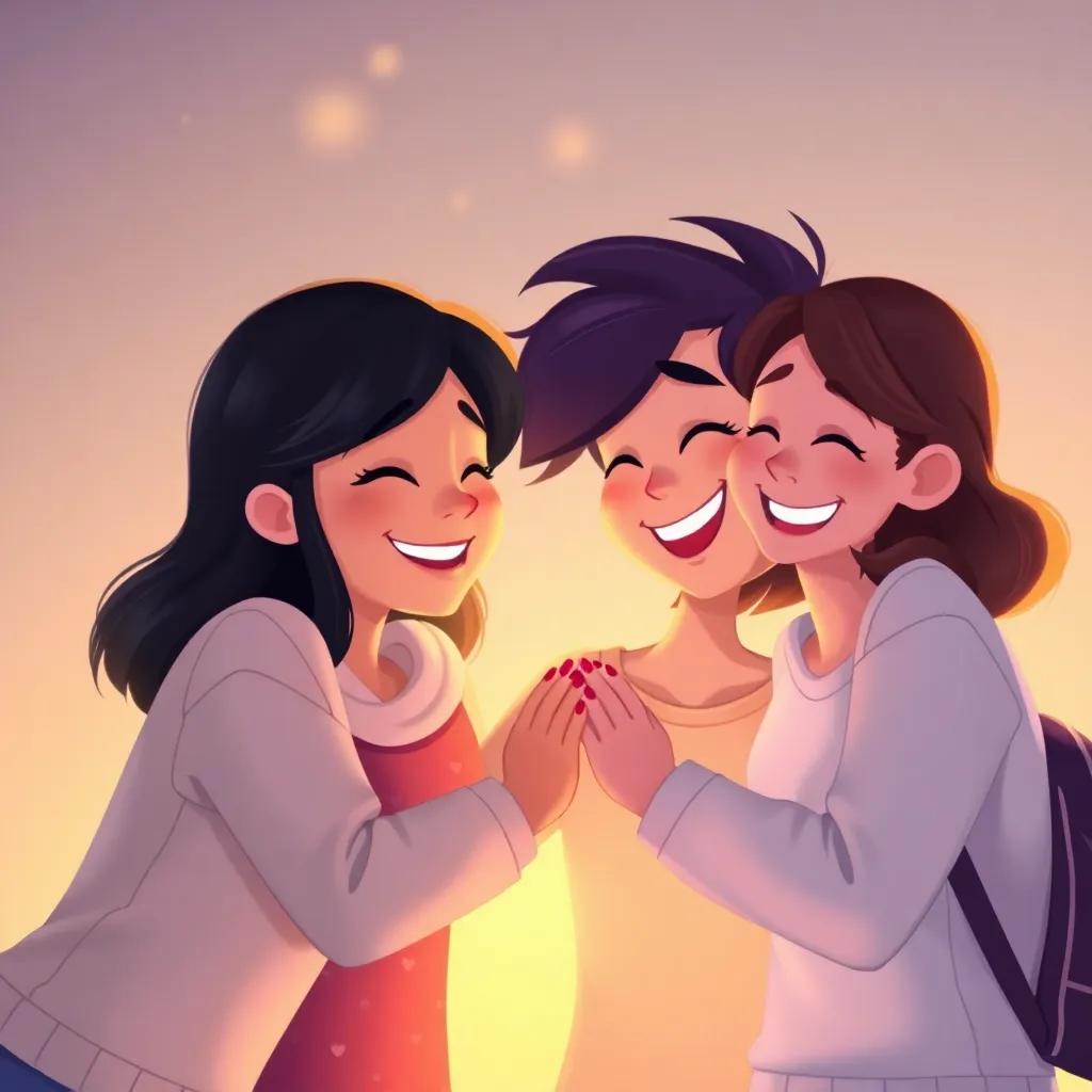 Friends sharing their favorite memories together, smiling and laughing, with a soft, glowing background, expressing joy and friendship, heartwarming scene, high quality
