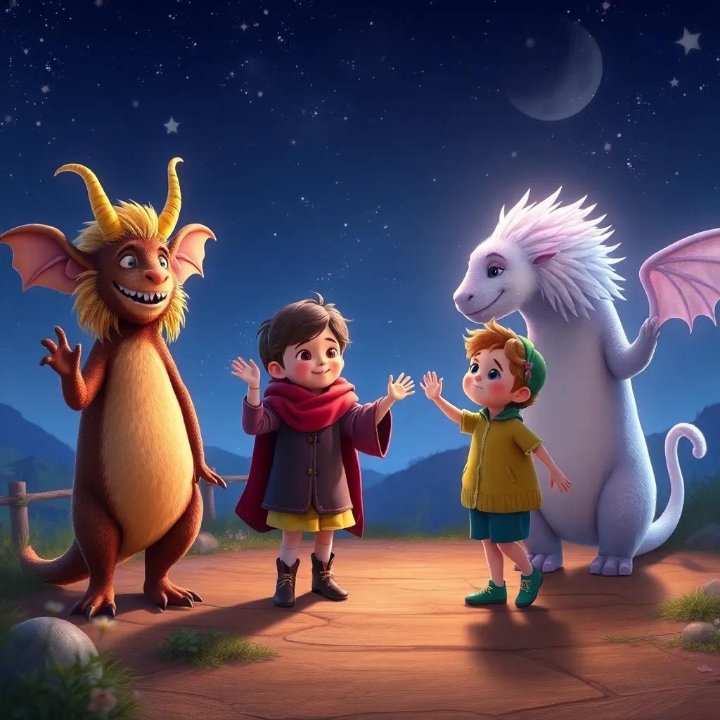Magical creatures and kids a little sad but mostly happy waving goodbye to each other at the end of the night, warm colors, good feelings, whimsical atmosphere, high quality