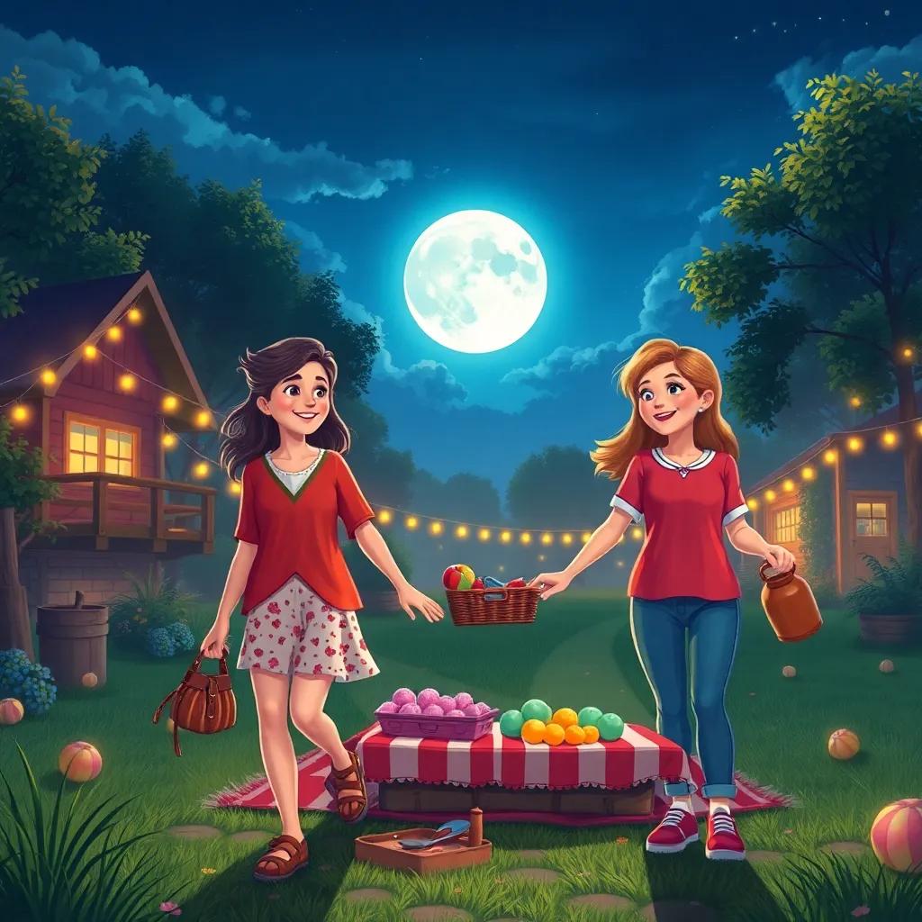 The friends packing up their picnic as the moon lights their way home, holding hands, smiles on their faces, colorful night scenery, magical but peaceful vibe, high quality