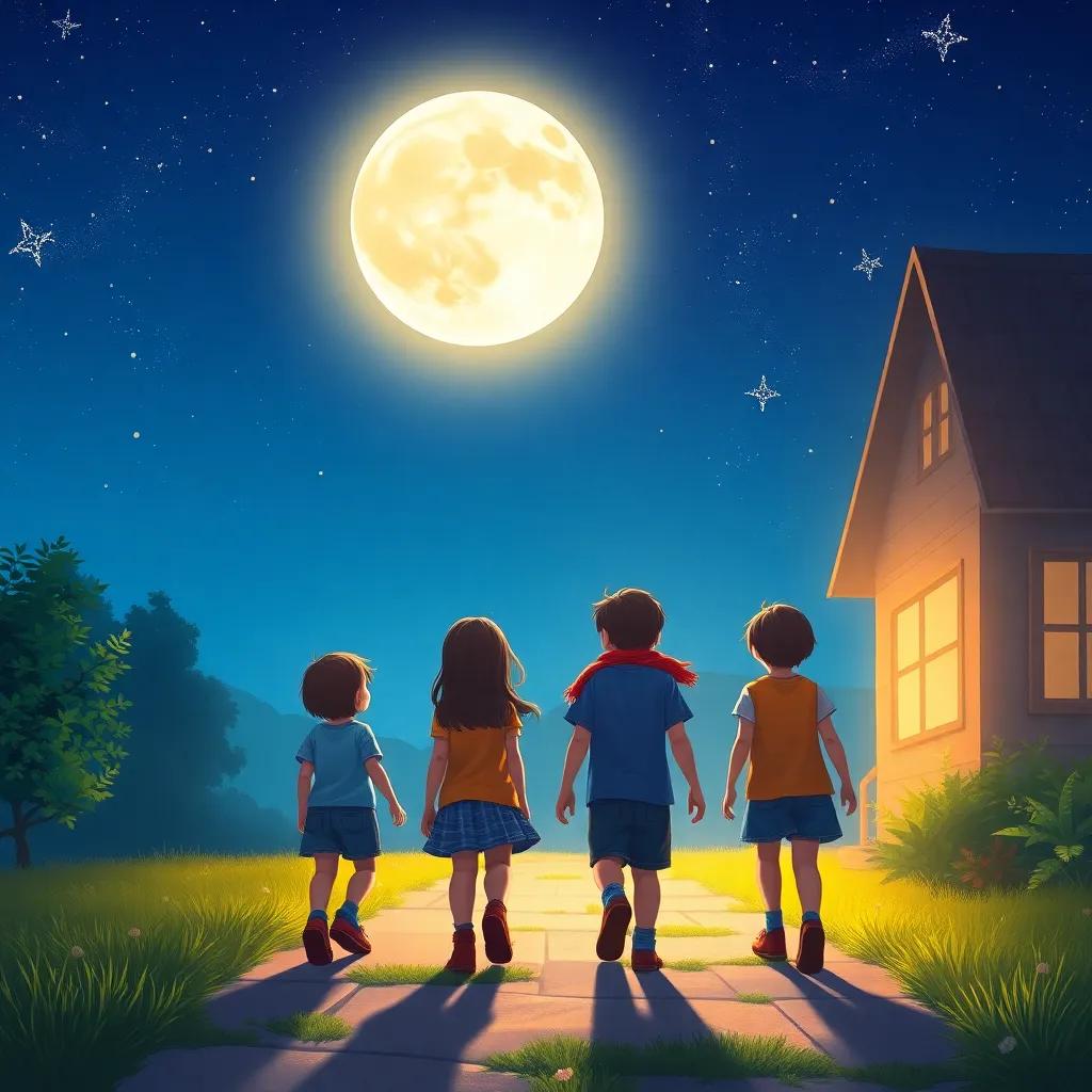 A bright full moon shining down on the four friends as they walk home, stars twinkling, their hearts full of joy, dreaming of their next adventure together, digital painting, heartfelt, dreamlike quality, high quality