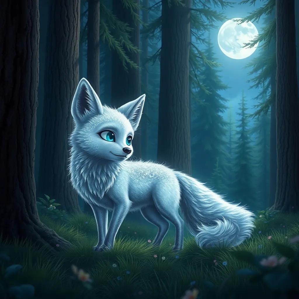 A silver fox named Luna with shiny silver fur, sparkling in the moonlight, exploring a cozy forest with tall trees, digital art, magical atmosphere, vibrant colors, detailed view, high quality