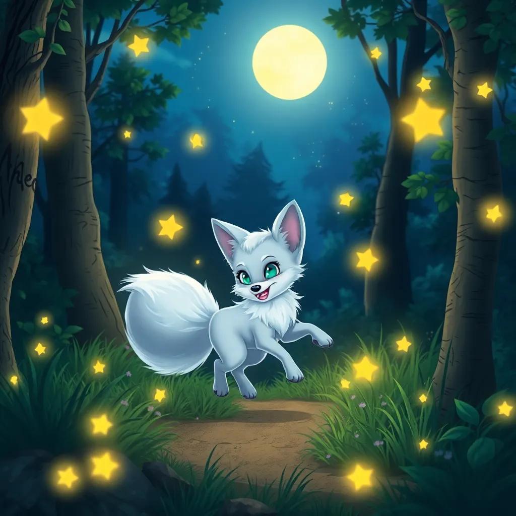 Luna, the silver fox, chasing glowing fireflies in a beautiful moonlit forest, surrounded by greenery and twinkling stars, illustration, enchanting, child-friendly, colorful, high quality