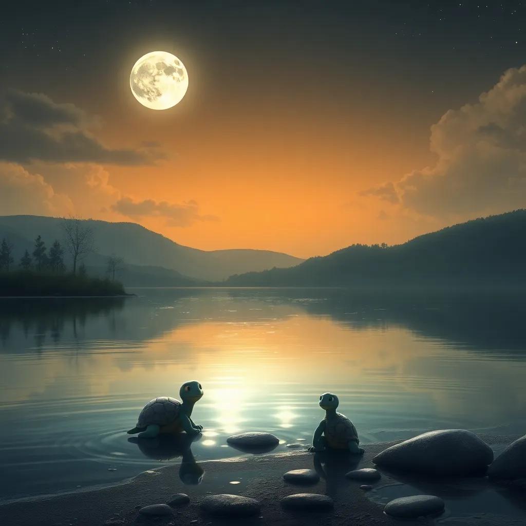 A shimmering lake glowing like silver under the moonlight, with a friendly turtle named Tilly sitting by the shore, a dreamy reflection in the water, art style, serene atmosphere, warm colors, high quality
