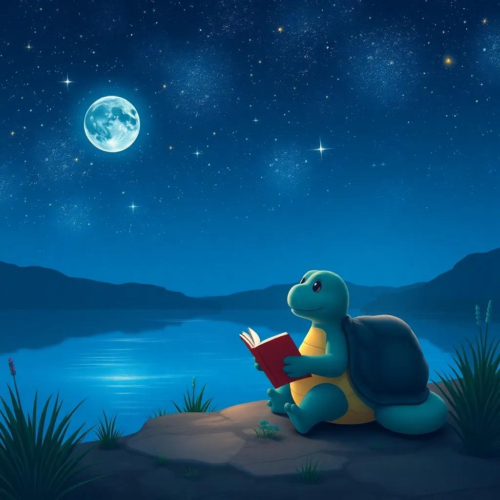 Luna the silver fox and Tilly the turtle sitting by the lake, gazing at the stars and sharing stories, a beautiful night sky filled with stars, child-friendly art, peaceful, warm light, high quality