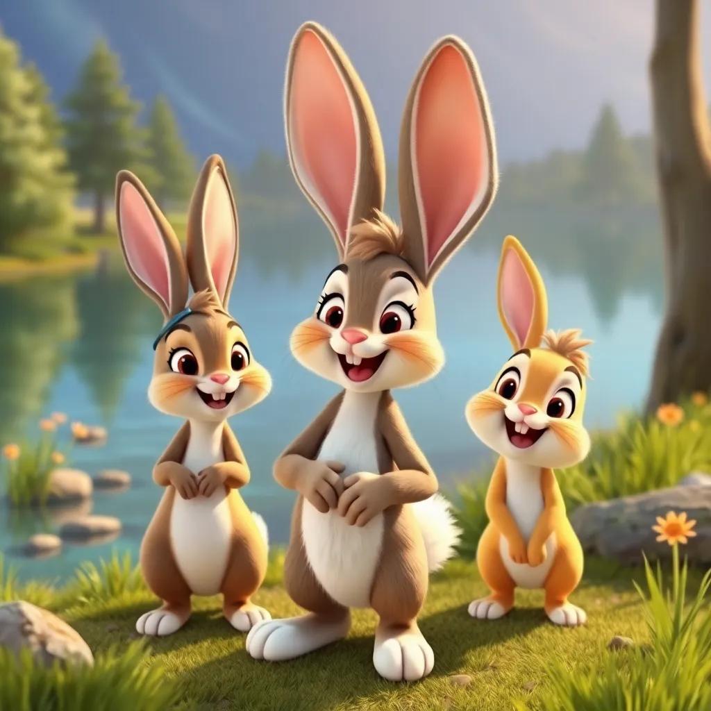 Benny the bunny with big floppy ears, joining Luna and Tilly by the lake, with a fluffy white tail, all smiling and excited, friendly atmosphere, colorful, happy art, high quality