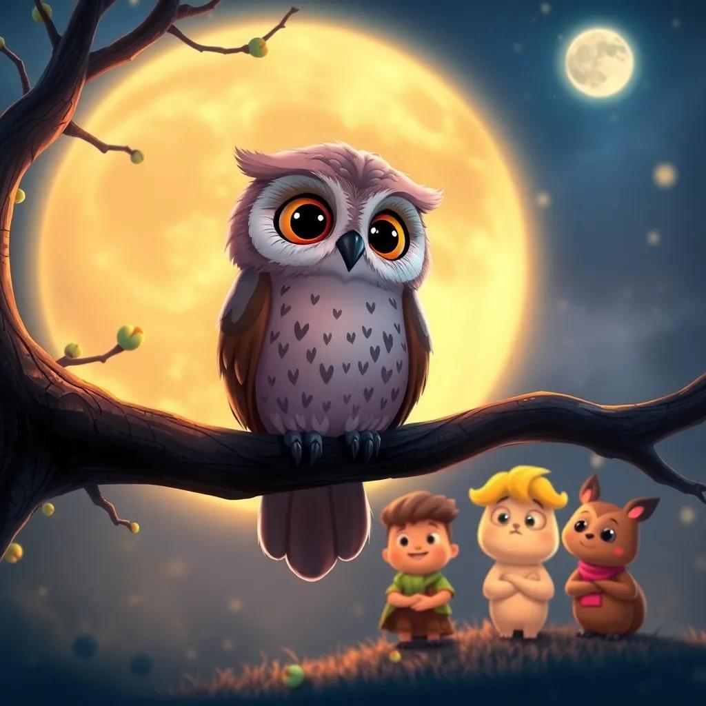 A soft hooting owl named Ollie perched on a branch, looking wise and kind, watching Luna, Tilly, and Benny share their dreams, warm glow from the moonlight, charming scene, vibrant colors, high quality