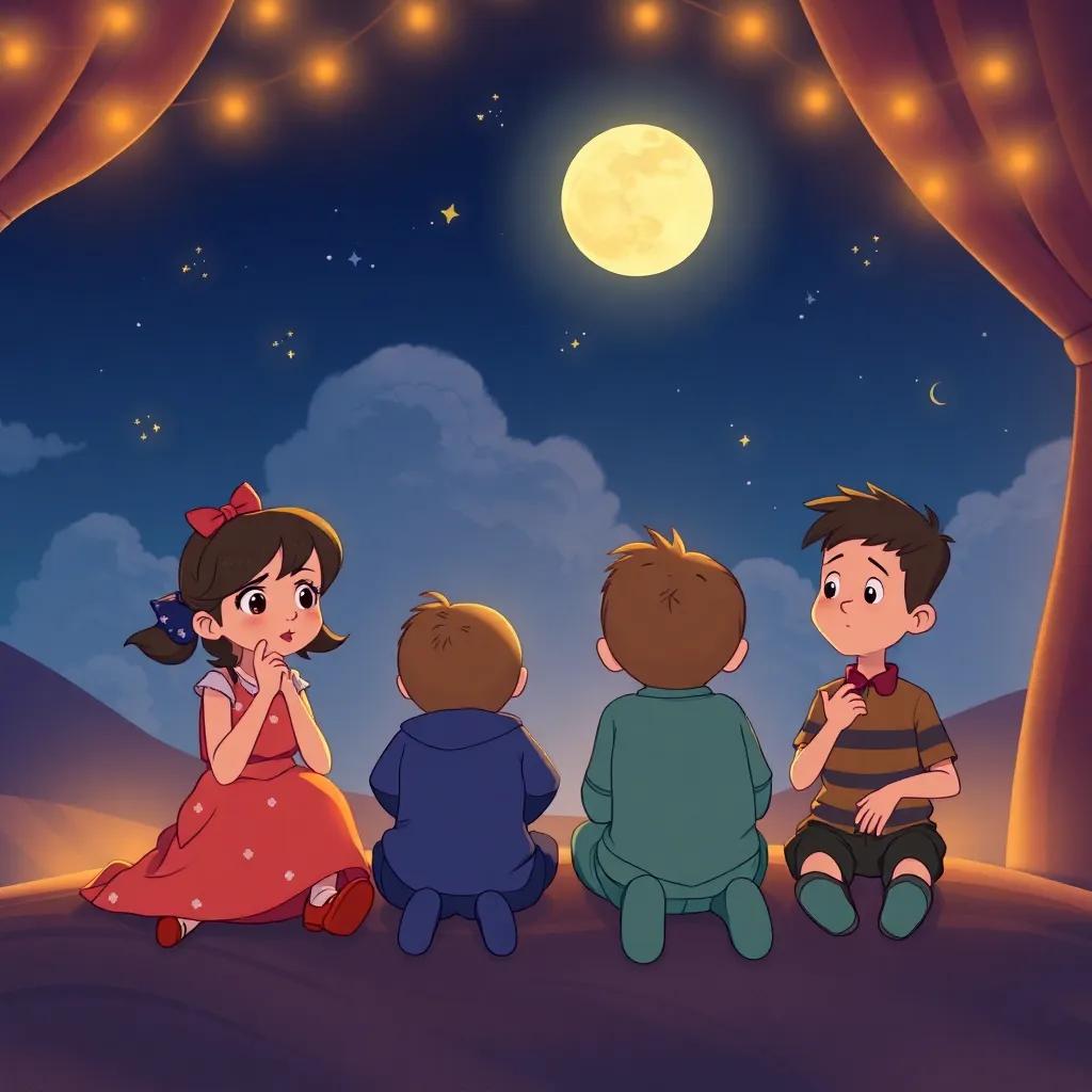 Luna, Tilly, Benny, and Ollie sitting together and thinking hard, making wishes upon the moon in the night sky, warm and inviting atmosphere, engaging illustration, high quality