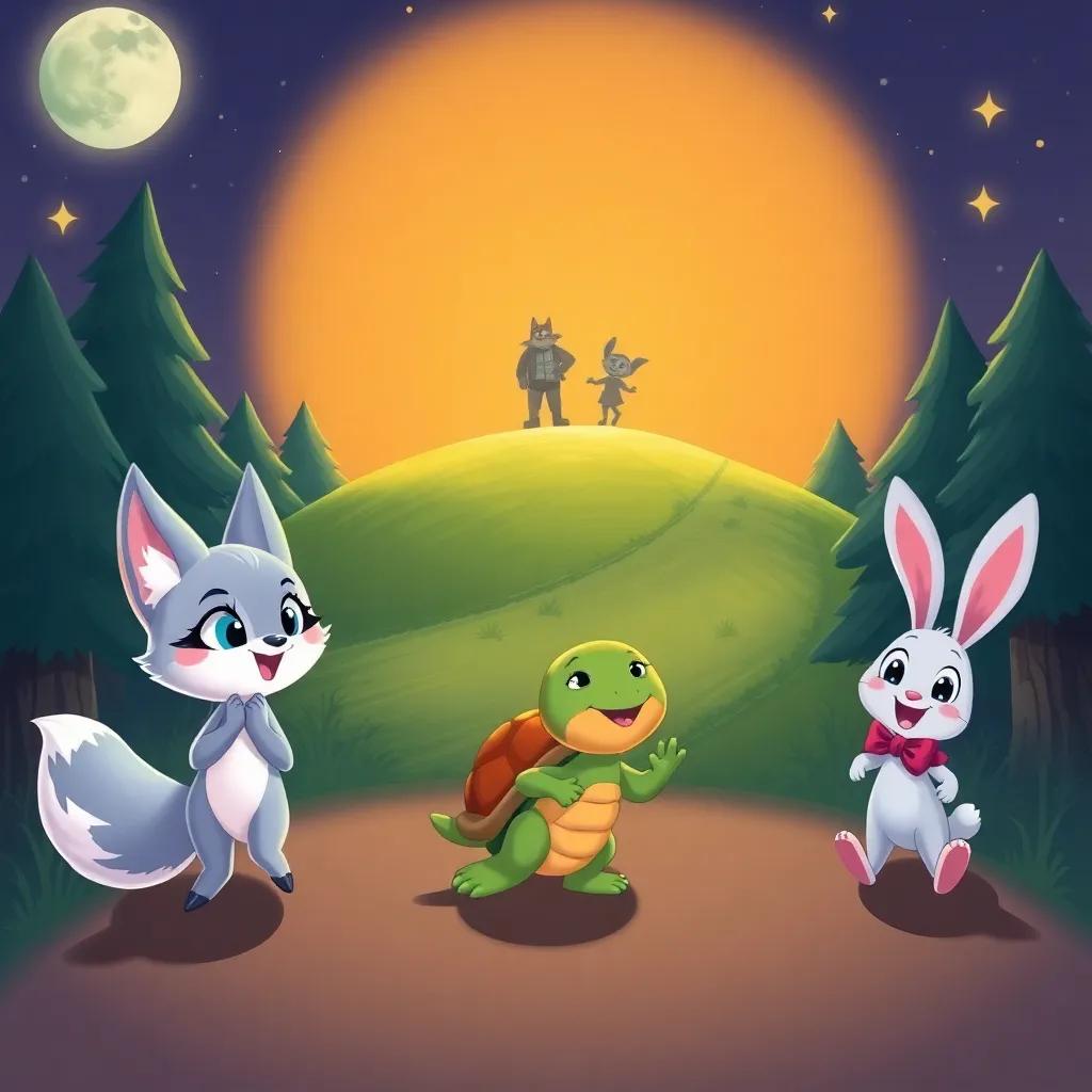 Luna the silver fox, Tilly the turtle, and Benny the bunny preparing to race to the top of the hill, filled with excitement, surrounded by moonlit trees and stars, cheerful art style, colorful, high quality