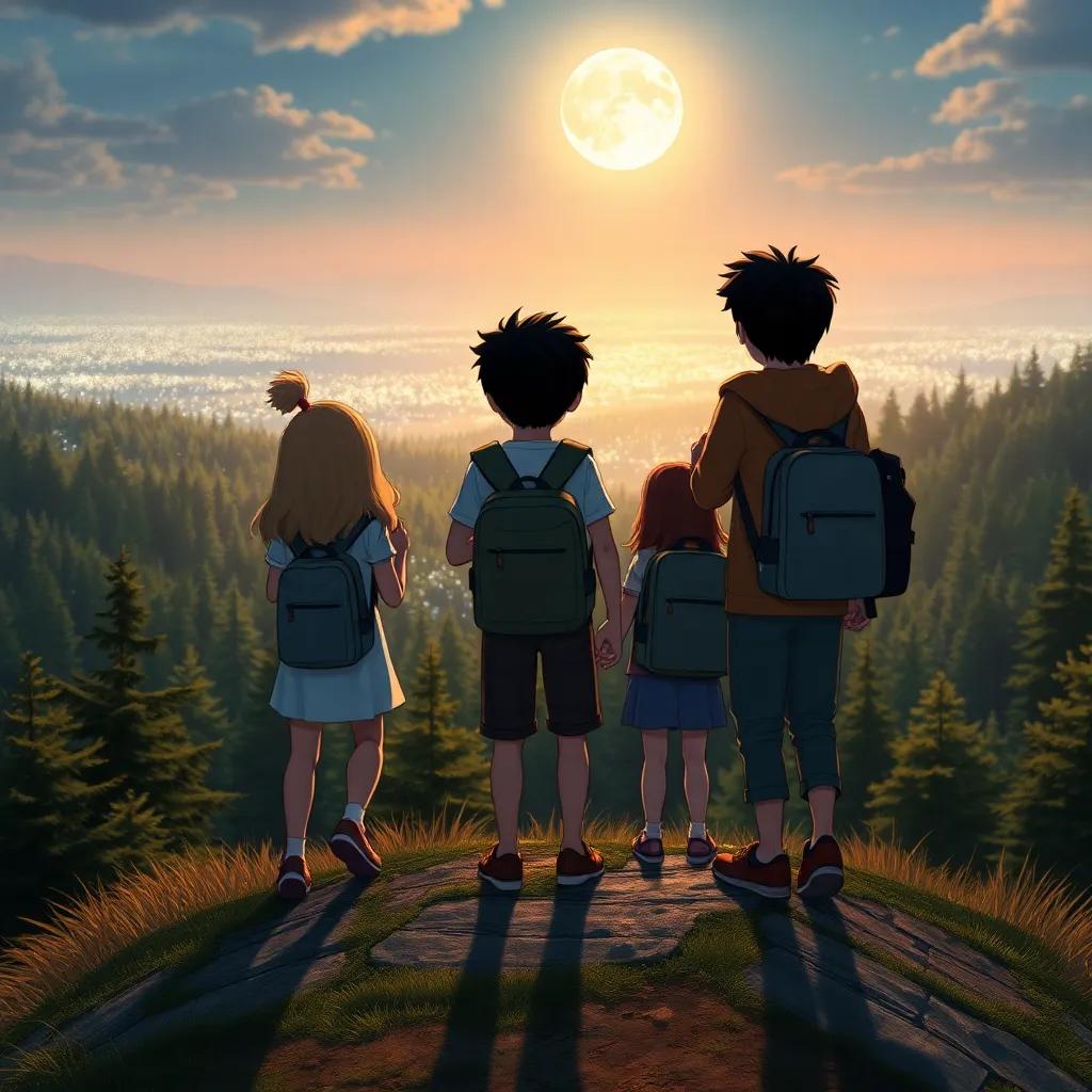 The friends reaching the top of the hill, catching their breath and enjoying the view of the shimmering forest below, magical moonlight shining down, heartwarming scene, beautiful colors, high quality