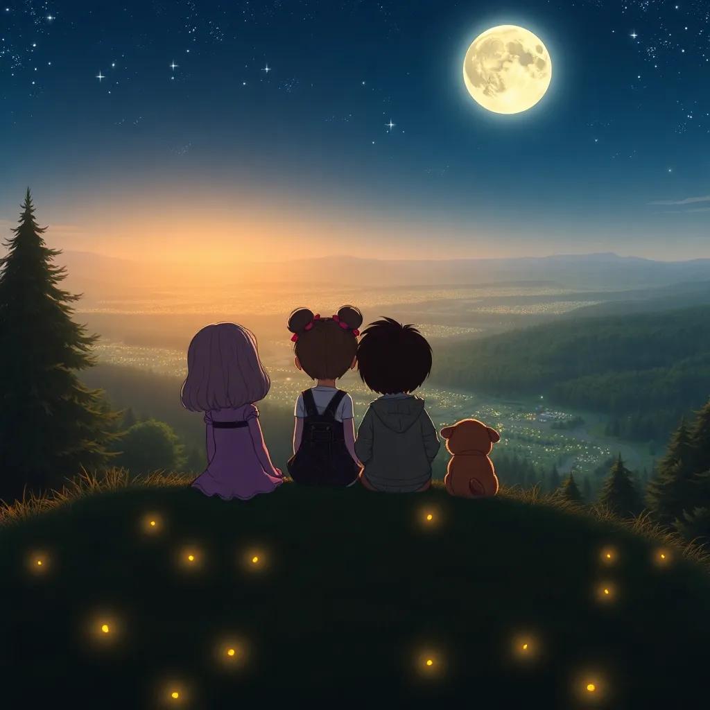 Luna, Tilly, Benny, and Ollie sitting together at the hilltop, looking down at the sparkling forest, feeling happiness and friendship under the moonlit sky, nostalgic and joyful art, high quality