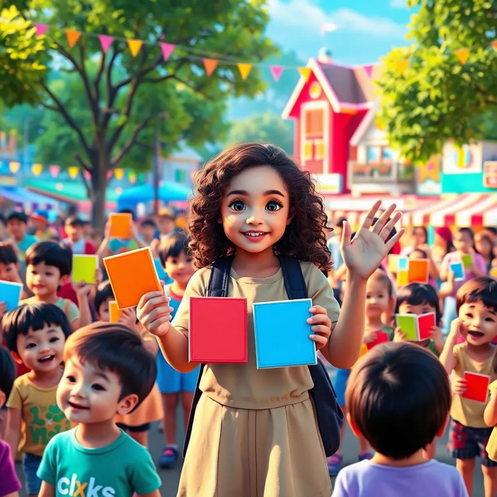 A vibrant town park filled with children excitedly gathered together, holding colorful tiles, with Mia, a girl with curly brown hair, leading the project enthusiastically, digital art, cheerful colors, festive atmosphere, bright lighting, high quality