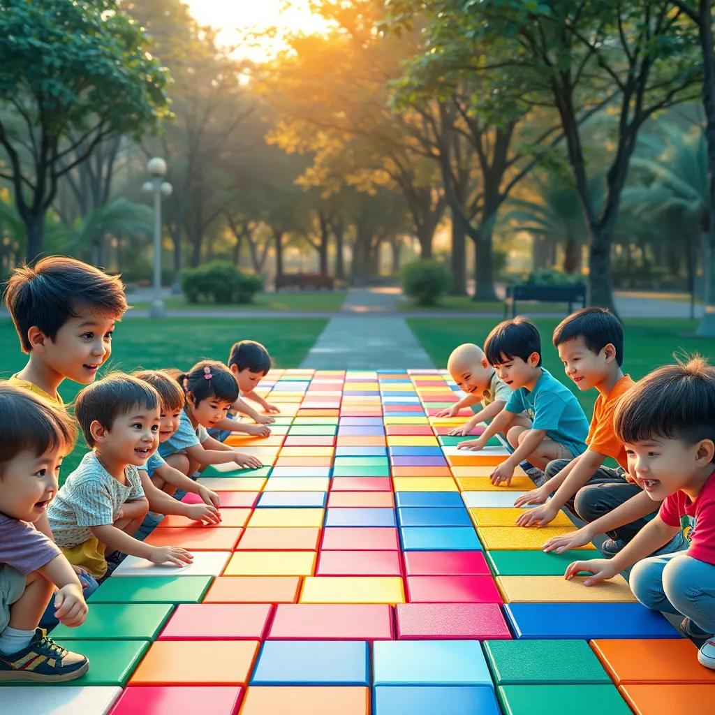 Children of diverse backgrounds spreading colorful tiles across a large board in the park, each child focused and smiling, showcasing a variety of tile colors, digital illustration, energetic mood, warm light, child-friendly