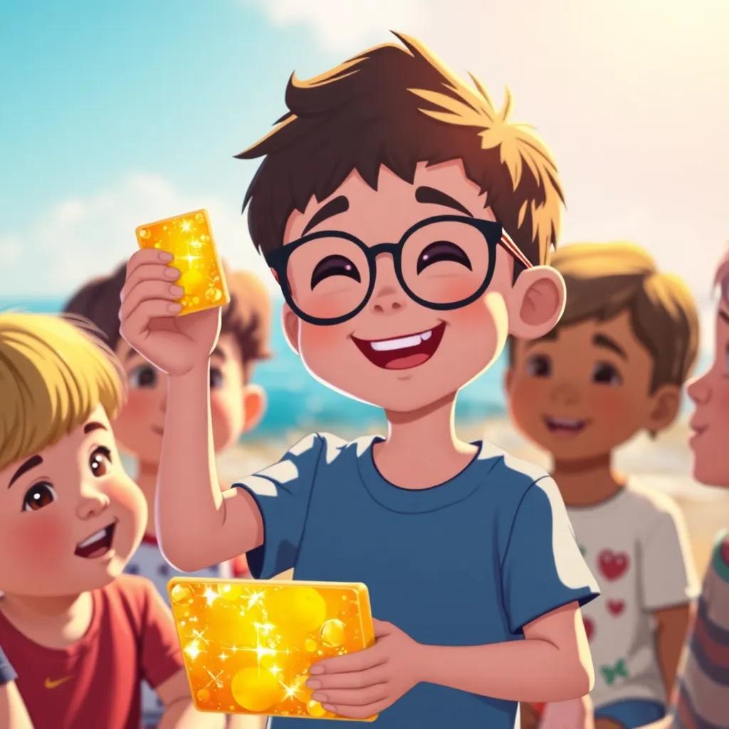 Timmy, a boy with glasses, holding a shiny yellow tile, expressing joy as he shares his beach story with friends, surrounded by other children listening attentively, digital art, lively colors, fun setting, bright sunlight, high quality