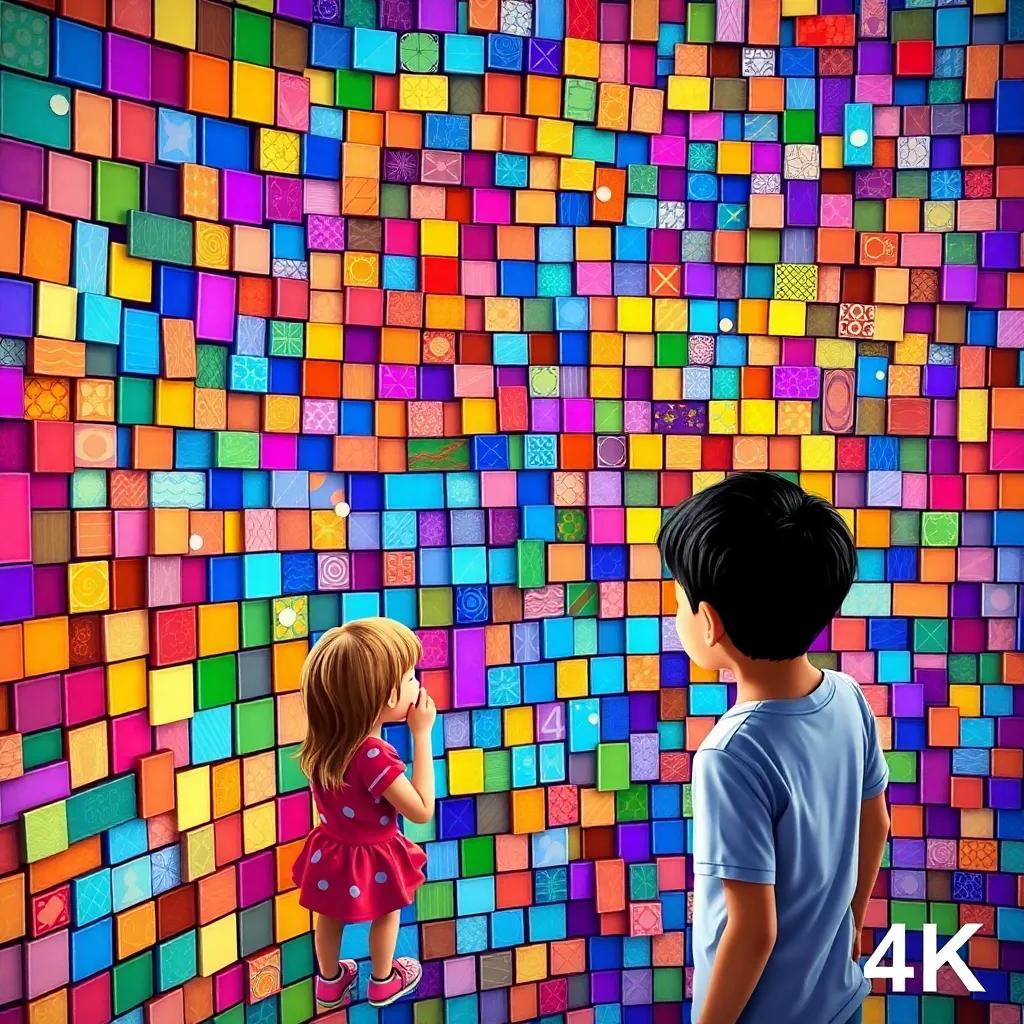 A colorful mosaic board coming to life with unique tiles being added by children in a creative swirl, showcasing the vibrant artwork, digital illustration, vivid colors, engaging perspective, heartwarming imagery