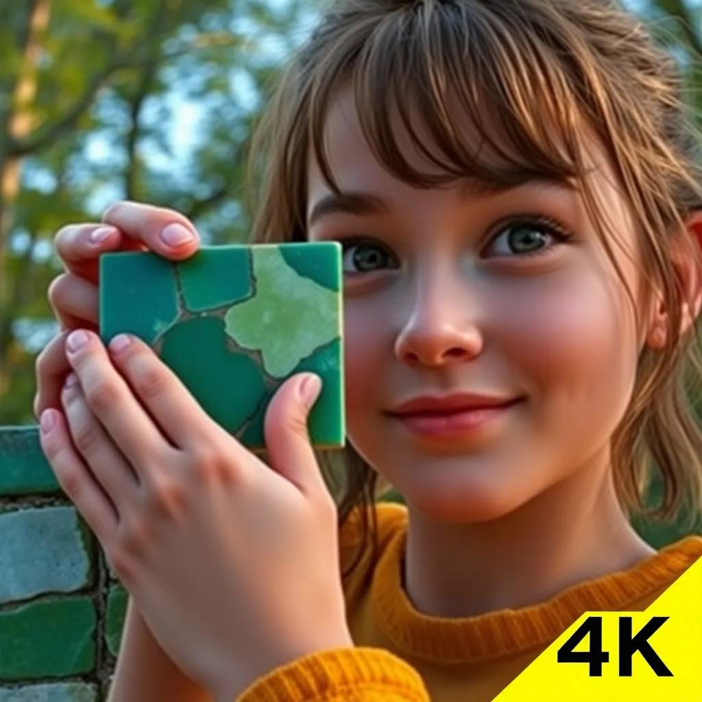 A close-up shot of Sarah, a girl who loves nature, proudly placing a green tile on the mosaic, with trees in the background, her excitement captured in her expression, digital art, rich textures, detailed view, inviting
