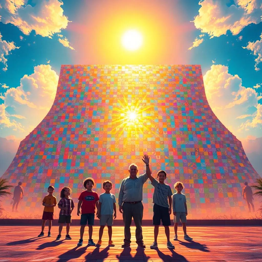 The magnificent completed mosaic shining under the sun, reflecting colors all around, children standing proudly in front of it, with Mr. Thompson waving joyfully, digital painting, vibrant atmosphere, inspiring composition, high quality