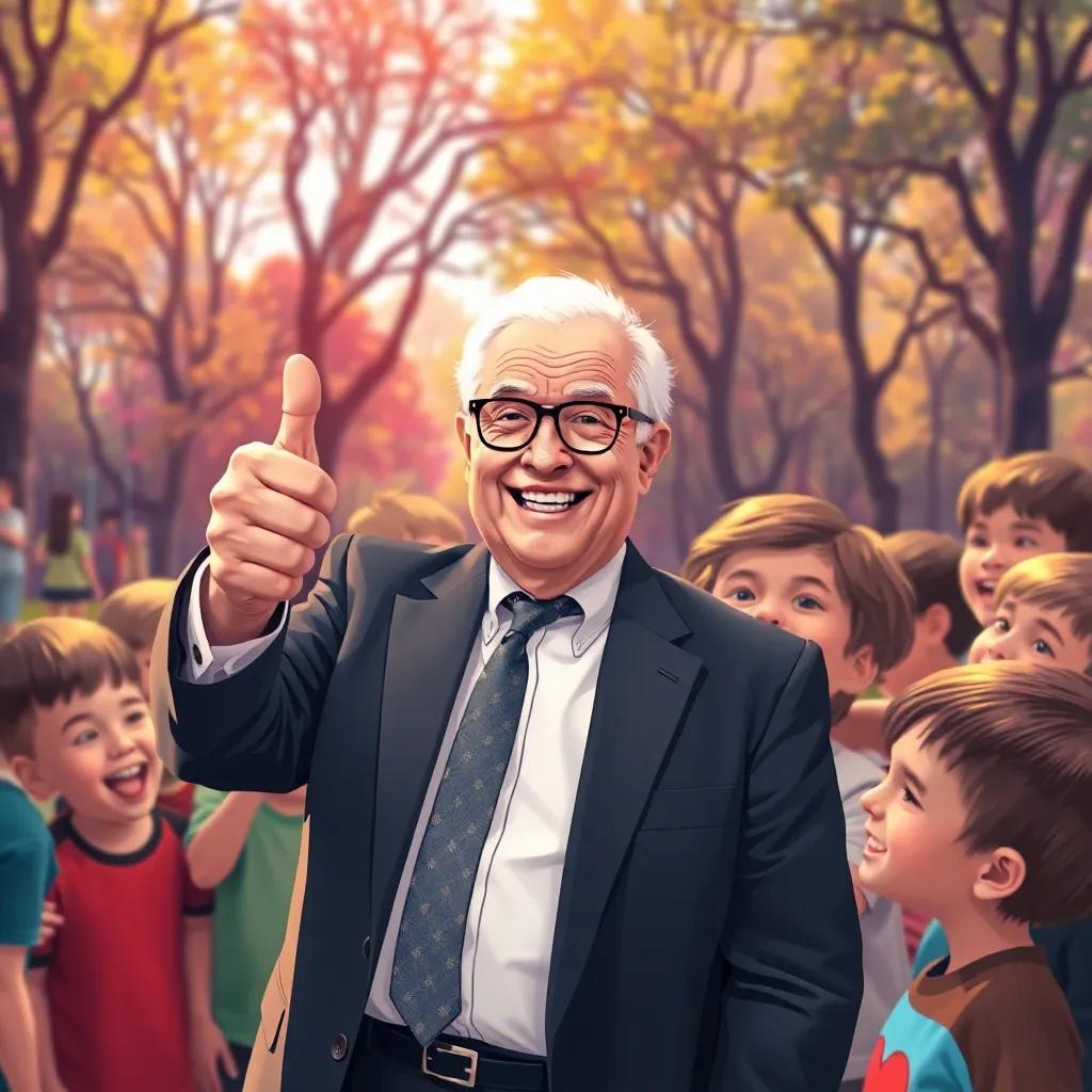 Mr. Thompson, an older man in a suit, amazed by the children’s mosaic, giving a thumbs up with a big smile, children gathering around him excitedly, bright park background, digital art, warm lighting, heartwarming appeal
