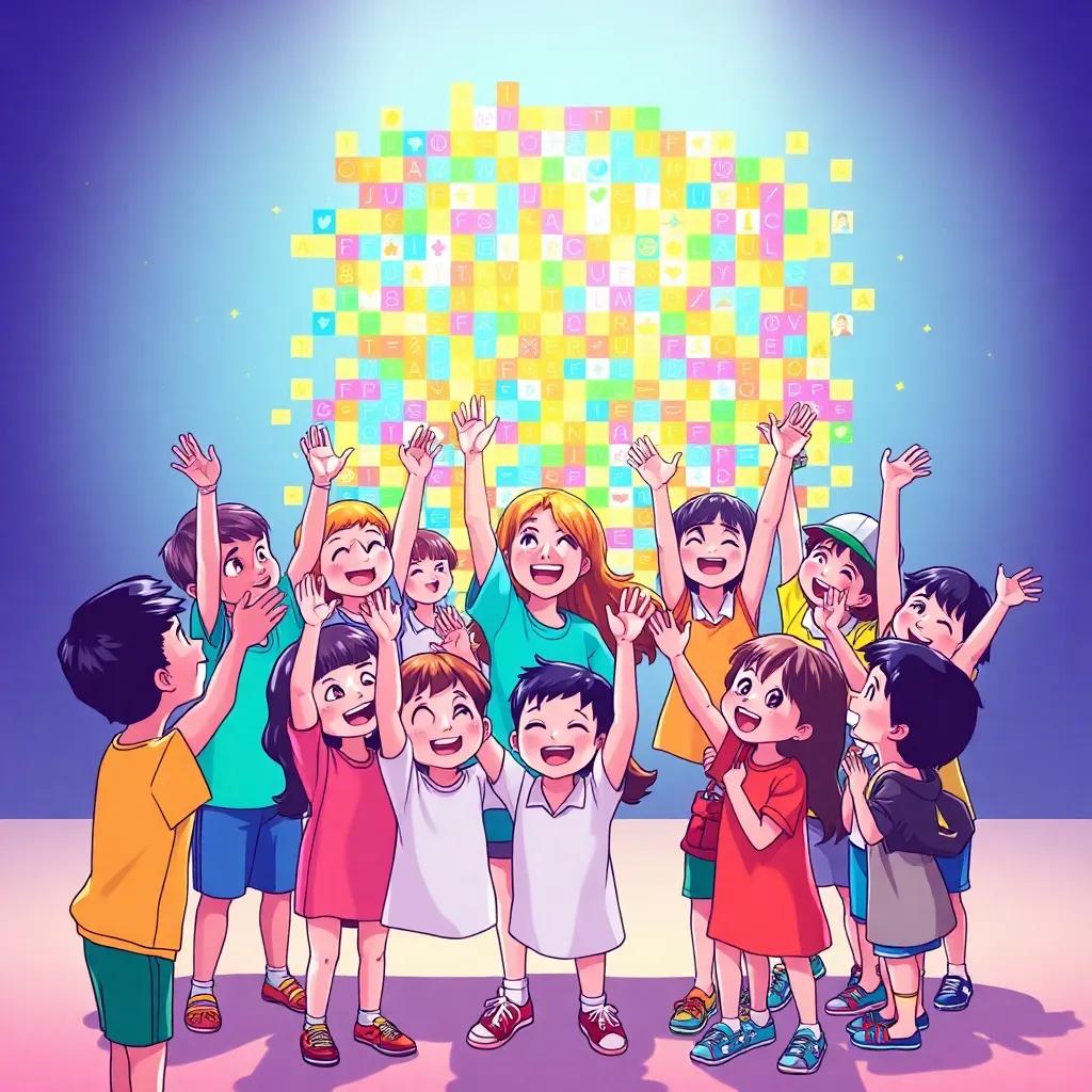 Children celebrating their teamwork with cheers, Mia leading the group for a photo, joy radiating from all their faces, the mosaic visible in the background, digital illustration, cheerful colors, festive mood, engaging