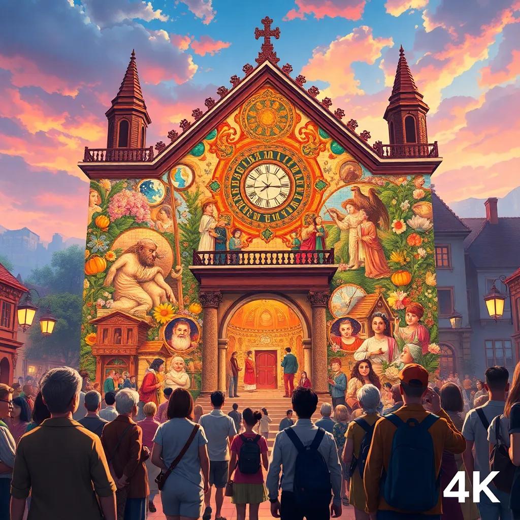 The majestic mosaic displayed at the town hall, attracting townsfolk admiring its beauty, depicting a busy scene filled with gratitude, digital art, lively colors, warm atmosphere, vibrant details