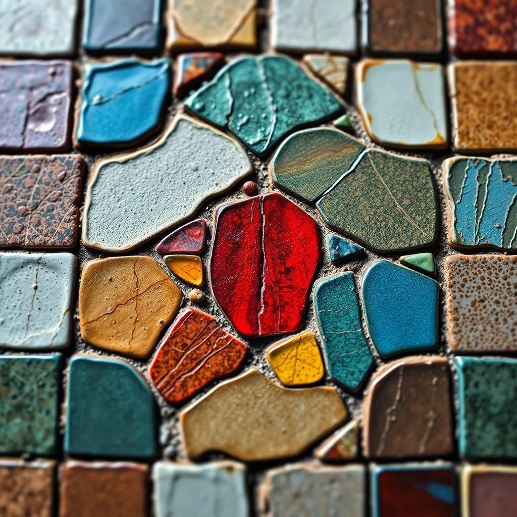 A zoomed-in view of the mosaic tiles, showcasing the uniqueness of each tile, symbolizing unity in diversity, digital painting, detailed textures, colorful display, inspiring composition