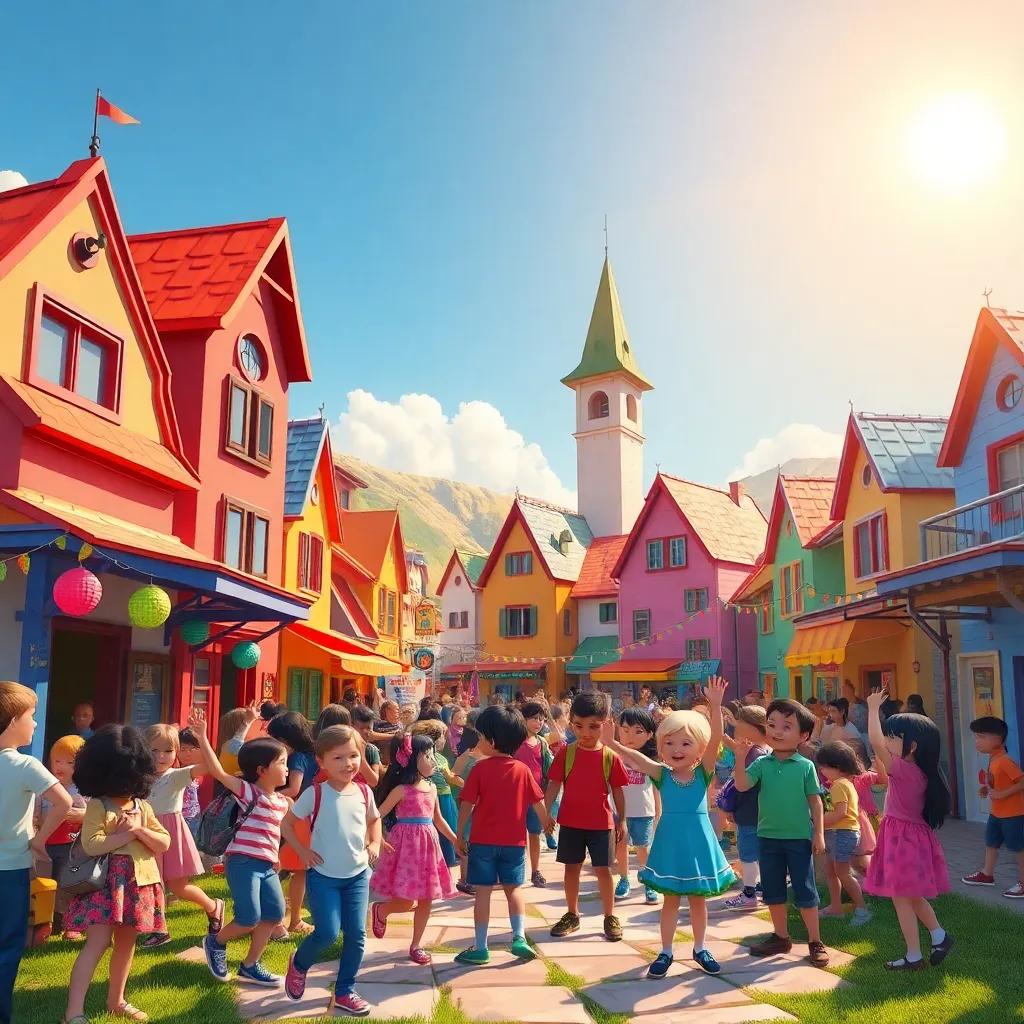 A colorful town called Harmony with children gathering together, excitement in the air, vibrant decorations around, under a bright sunny sky, digital illustration, cheerful, joyful atmosphere, high quality
