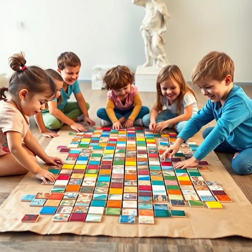 Children laying out colorful tiles on a large piece of cardboard, focusing on placement, laughter and smiles, their unique tiles reflecting creative spirit, detailed scene, bright and colorful, artistic vibe