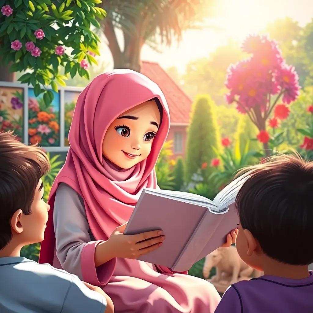 A girl with a pink hijab sharing a story with friends, vibrant garden pictures in the background, children listening intently and smiling, warm sunlight shining down, illustration, heartwarming and engaging, high detail