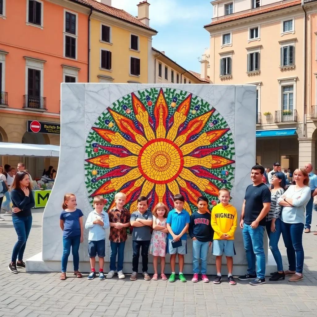 A beautiful completed mosaic displayed in the town square, colorful sun in the center, kids standing proudly beside it, amazed adults and children looking on, vibrant and uplifting scene, celebration atmosphere, high quality