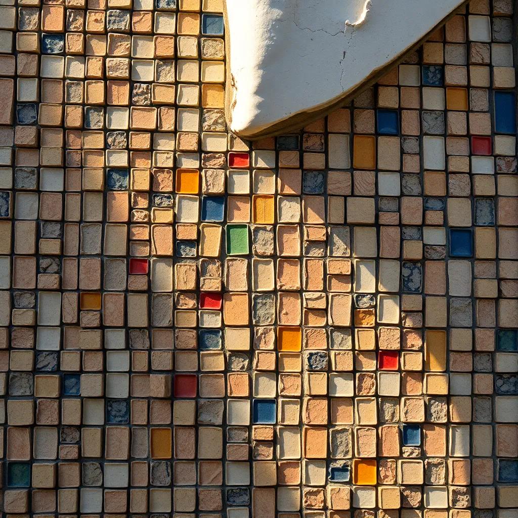 A close-up of the mosaic’s details, unique tiles coming together harmoniously, each tile symbolizing individuality, with sunlight reflecting off the surfaces, rich colors and textures, art-focused illustration