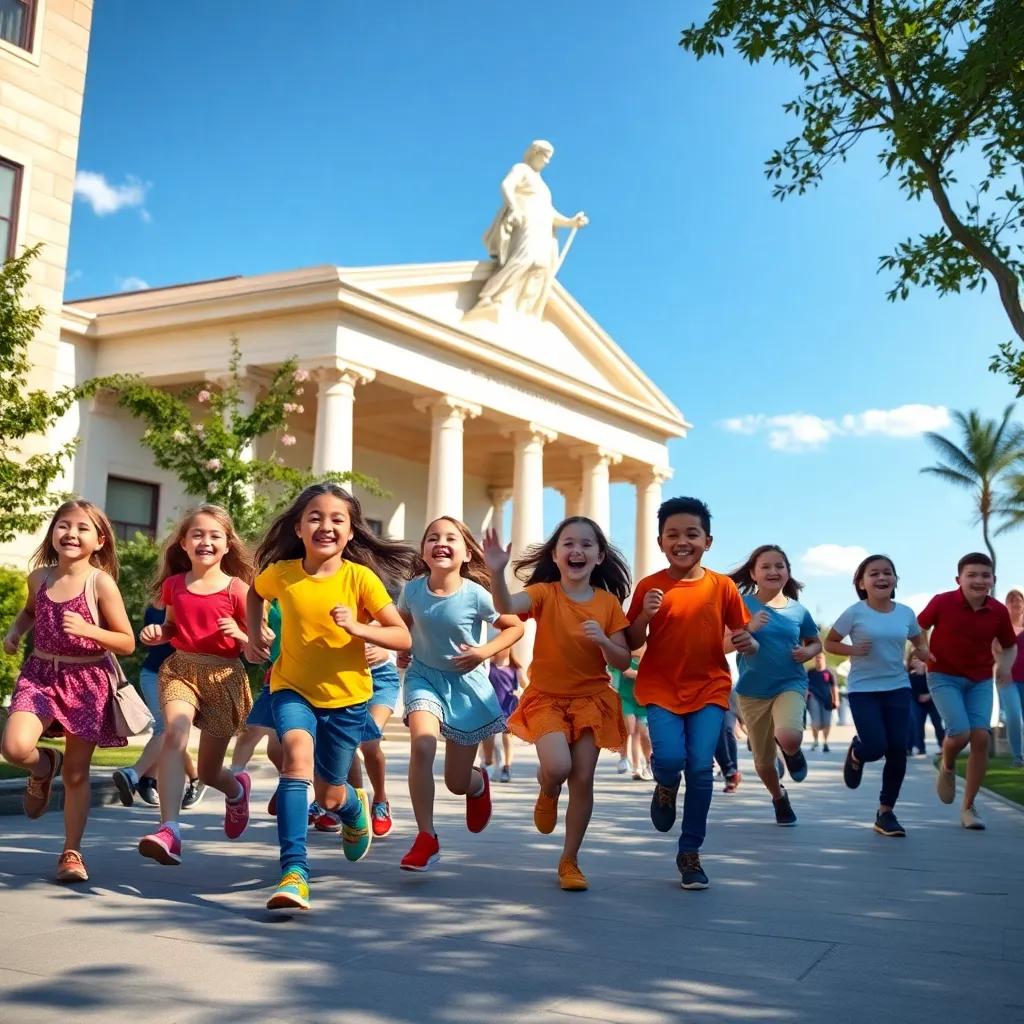 Children running excitedly towards the community center, hearts full of pride, colorful outfits and joyful expressions, sunny day, digital art, capturing the spirit of friendship and collaboration, bright energy