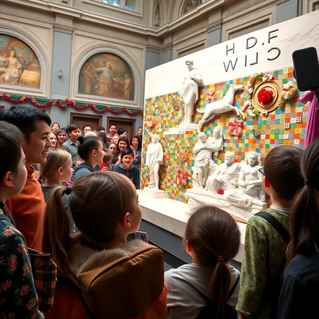 A crowd admiring the mosaic, smiles and laughter filling the air, kids on stage explaining their work with enthusiasm, colorful decorations around them, vibrant and lively atmosphere, high quality