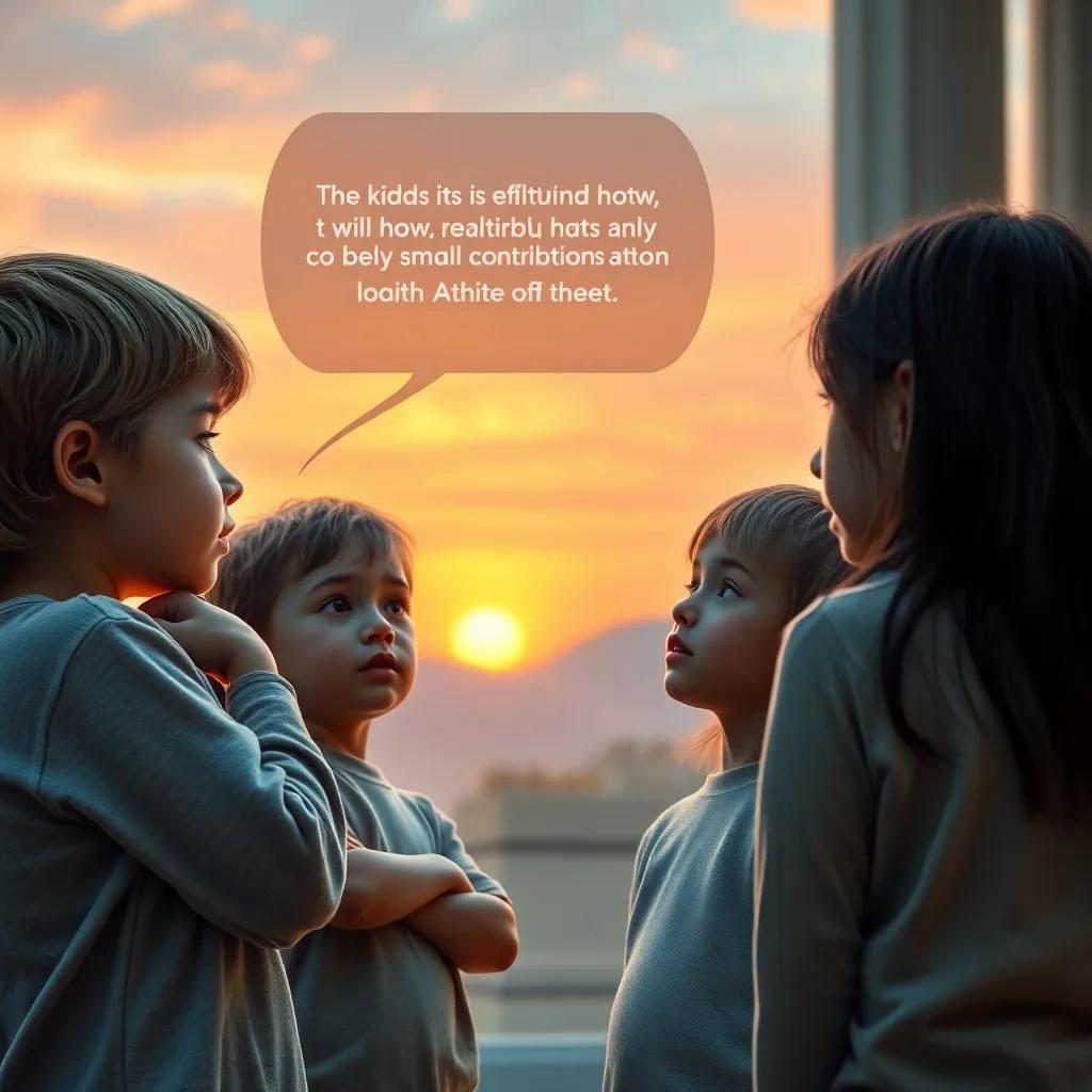 The children reflecting in a moment of realization, discussing how small contributions matter, with a pastel sunset in the background, thoughtful expressions, soft colors, digital art portraying emotional growth