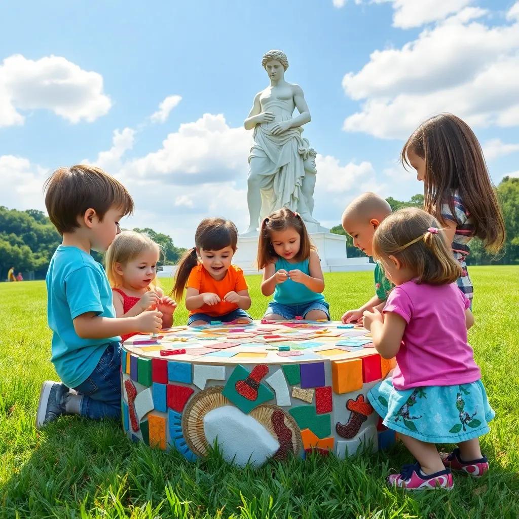 Children crafting and creating new pieces together after the mosaic, continuing the spirit of teamwork, vibrant colors, on a grassy field, cheerful atmosphere, imaginative scope, beautifully illustrated
