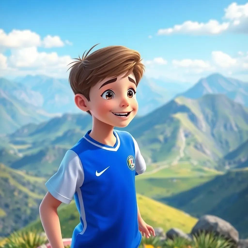 A young boy named Max, 15 years old, with short brown hair, wearing a bright blue and white football jersey, practicing football on a mountain top, beautiful landscape in the background, digital art, vibrant colors, cheerful atmosphere