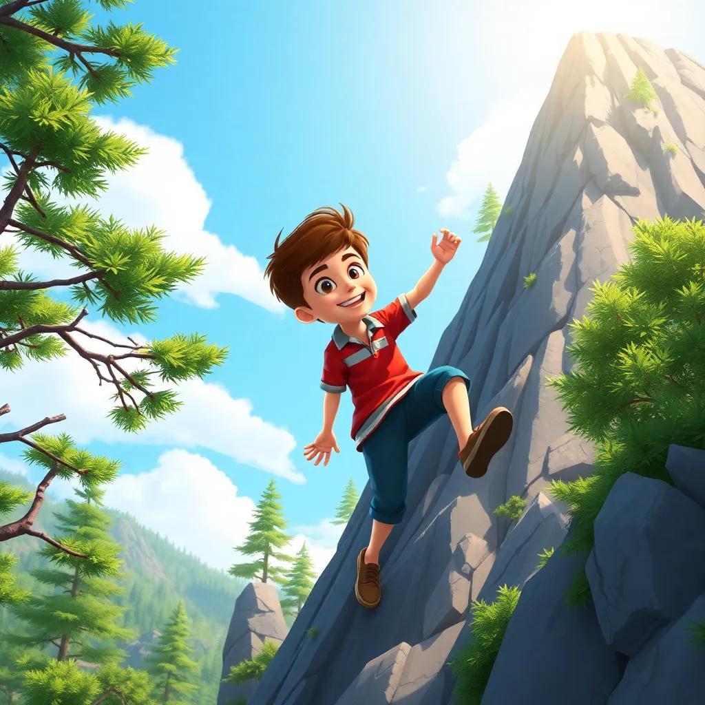Max, a 15-year-old boy with short brown hair, climbing a tall mountain with excitement, trees and rocks surrounding him, sunny sky above, illustration, bright and lively, adventure-themed