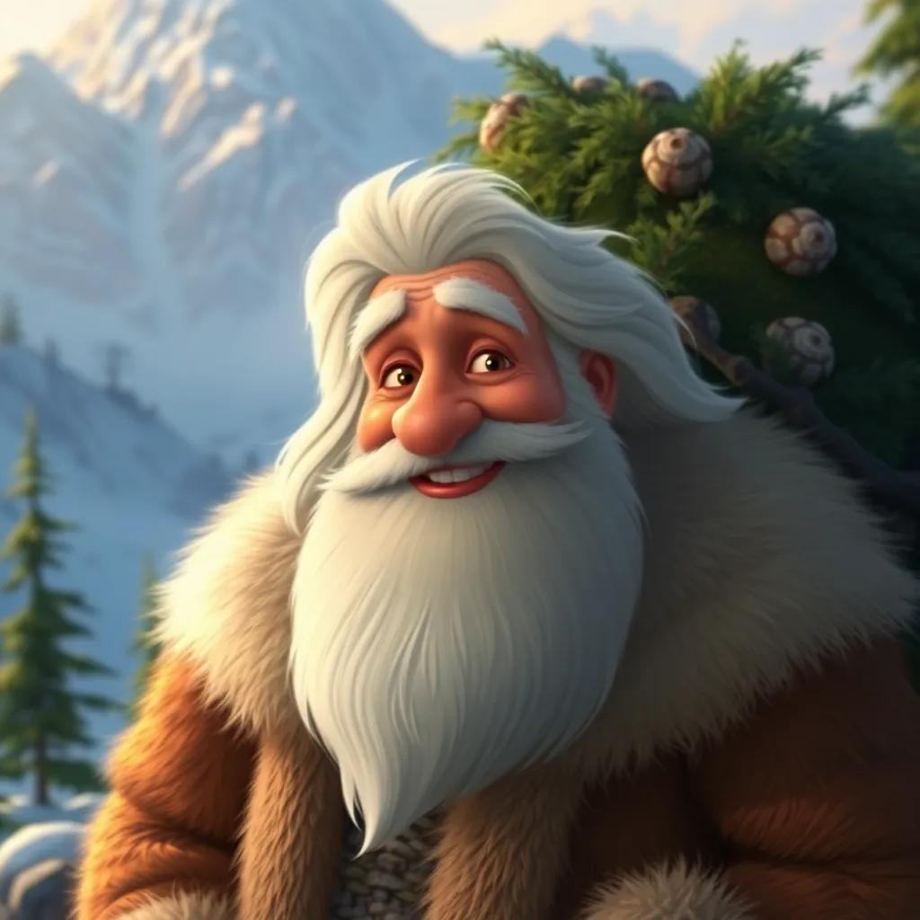 The wise old Mountain Man, with a long white beard and warm fur coat, appearing near a bush on the mountain, with kind eyes and a big smile, surrounded by pine trees, digital painting, warm light, inviting scene
