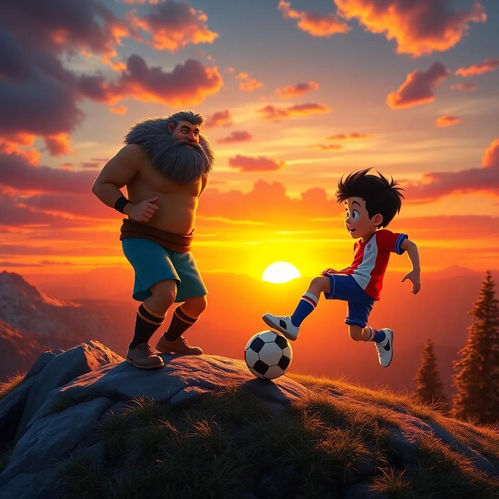 Max, the young footballer, playing football on a mountain top, with the Mountain Man by his side cheering him on, vibrant sunset in the background, theatrical and lively, high quality