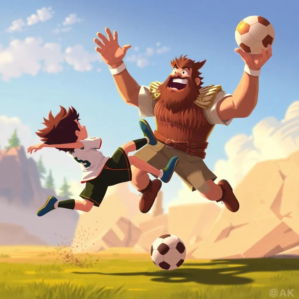 Max kicking the football with all his might, the Mountain Man leaping impressively to block the ball, both filled with joy, detailed art, warm colors, dynamic action shot