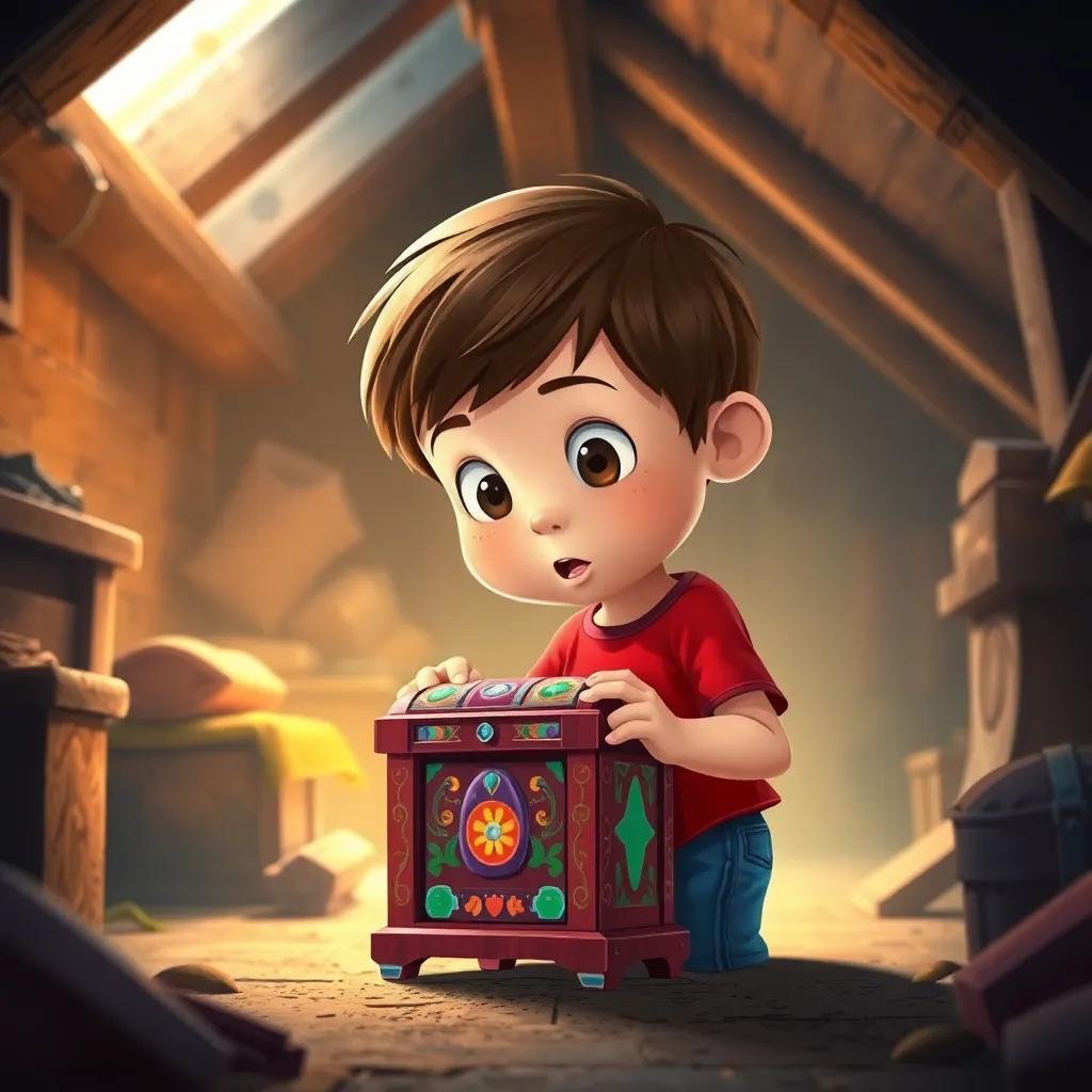 A curious child, Max, with short brown hair, wearing a bright red t-shirt and blue shorts, discovering a beautiful, colorful music box in a dusty attic, soft light, warm colors, inviting atmosphere, illustration, high quality