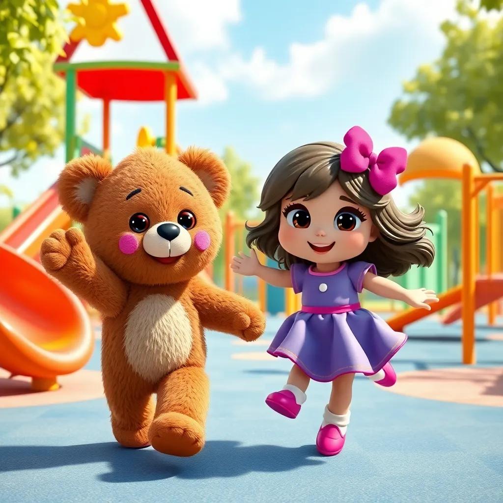 Benny the teddy bear, an adorable figure with button eyes, and Daisy the doll, twirling with joy in a sunny playground filled with slides and swings, cheerful atmosphere, colorful playground equipment, digital art, child-friendly