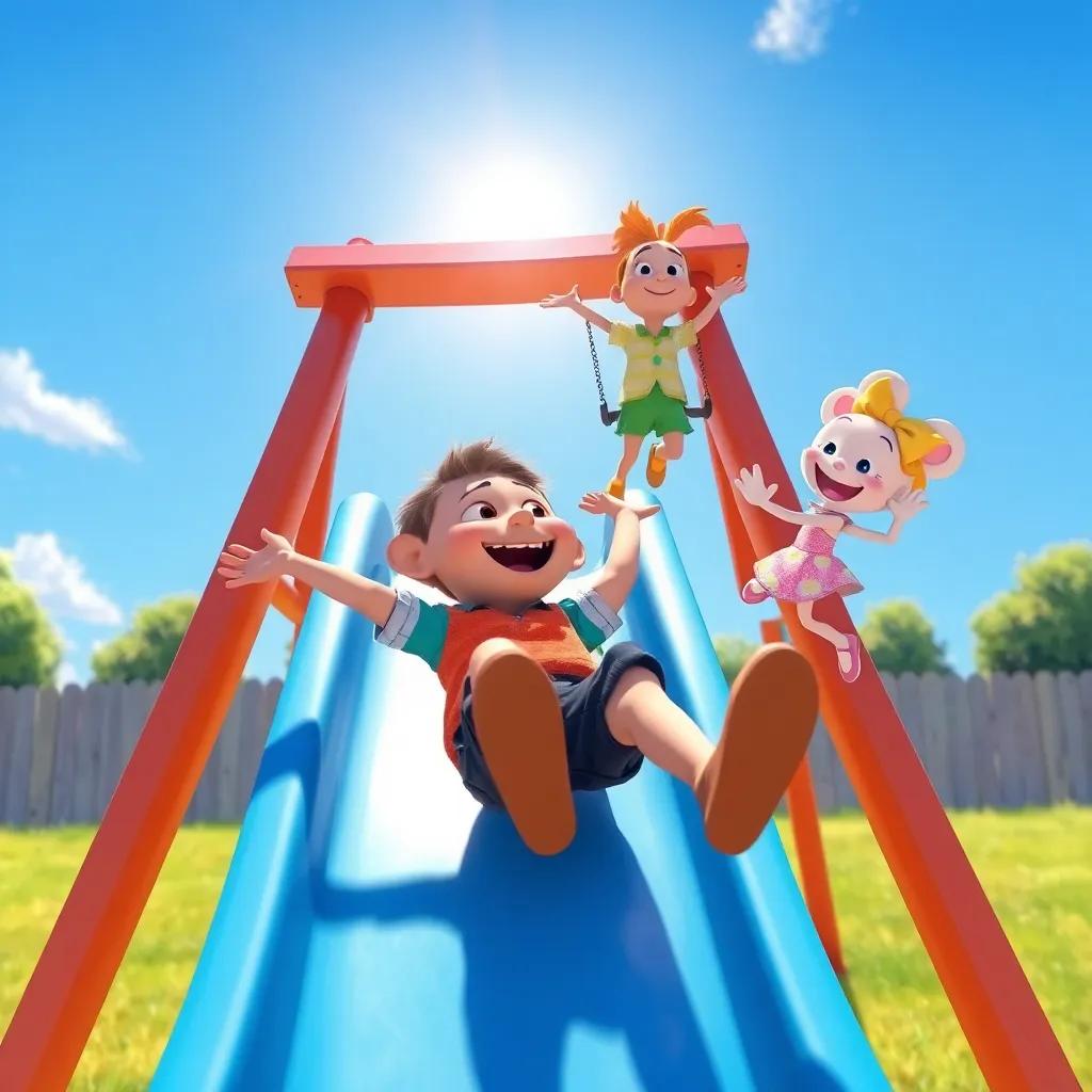 Max sliding down a bright blue slide, with Benny swinging high in the air and Daisy dancing beside him, the sun shining down with clear blue sky, joyful laughter echoed, illustration style, vibrant colors